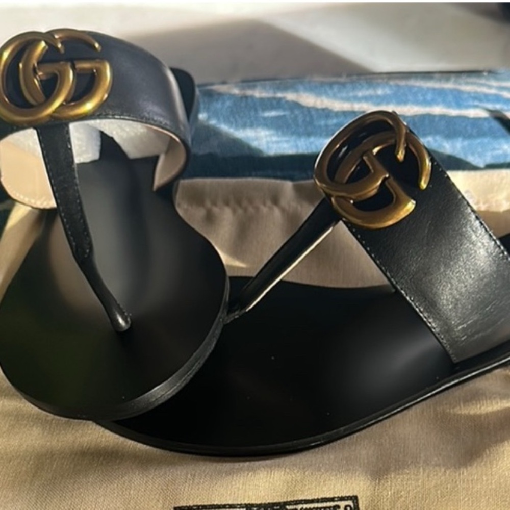 Black Sandals with Gold Logo